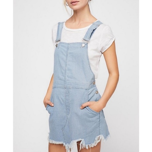 Free People Torn Up Overall Jumper In Blue Pinstripe - Picture 1 of 13